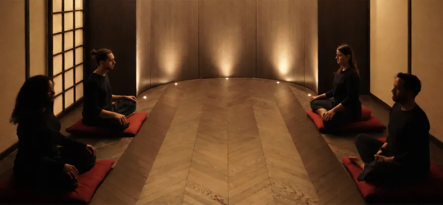Meditator sitting in the All Here lounge in Geneva